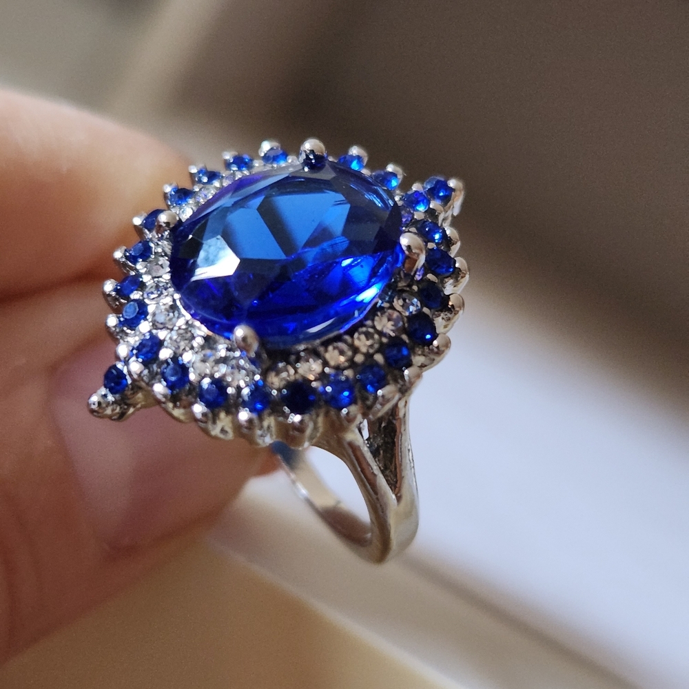 New 925 Silver Oval Cut Blue Sapphire Diamond Ring for Women - Picture 5 of 12